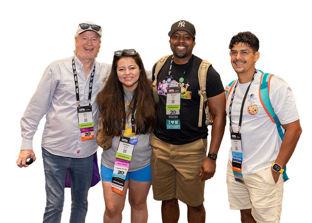 Group of four smiling conference attendees