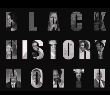 A black square with the words, "Black History Month." Within the letters, there are photos of black computer scientists and historical figures. 