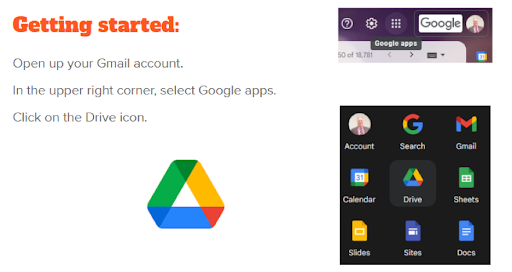 A slide from one of Neil's lessons with steps detailing how to open Google Drive